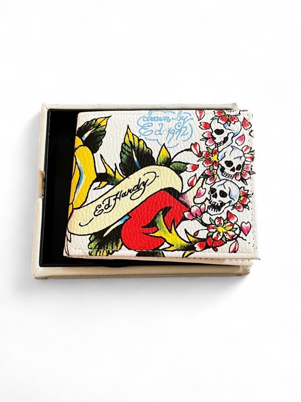 Mens Ed Hardy Yellow Rose and Skulls Bifold Wallet With Original Gift Box